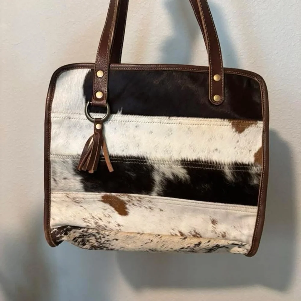 Brown and White cowhide and Leather Tote Bag - Picture 1 of 3